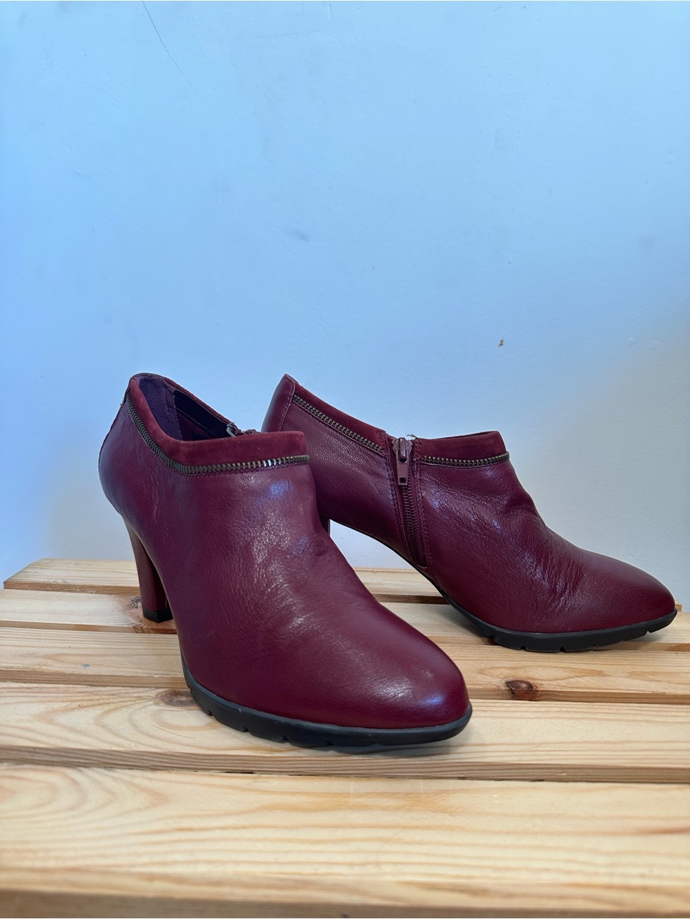 Anne Klein Burgundy Leather Ankle Heels with Side Zipper